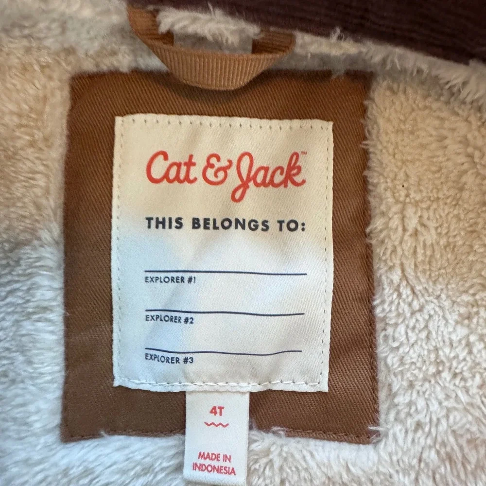 Cat & Jack Toddler Boys Tan Canvas Work Jacket Faux Fur Lining Brown Corduroy 4T